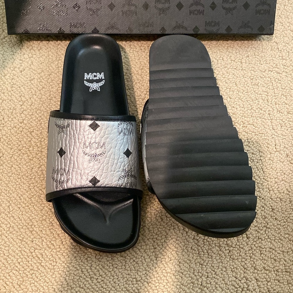 BRAND NEW MCM black and silver slides